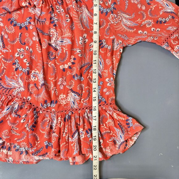 Democracy Women's Floral Boho Peasant Top Bell Sleeves Ruffle Hem Small Red/Blue - Picture 10 of 10